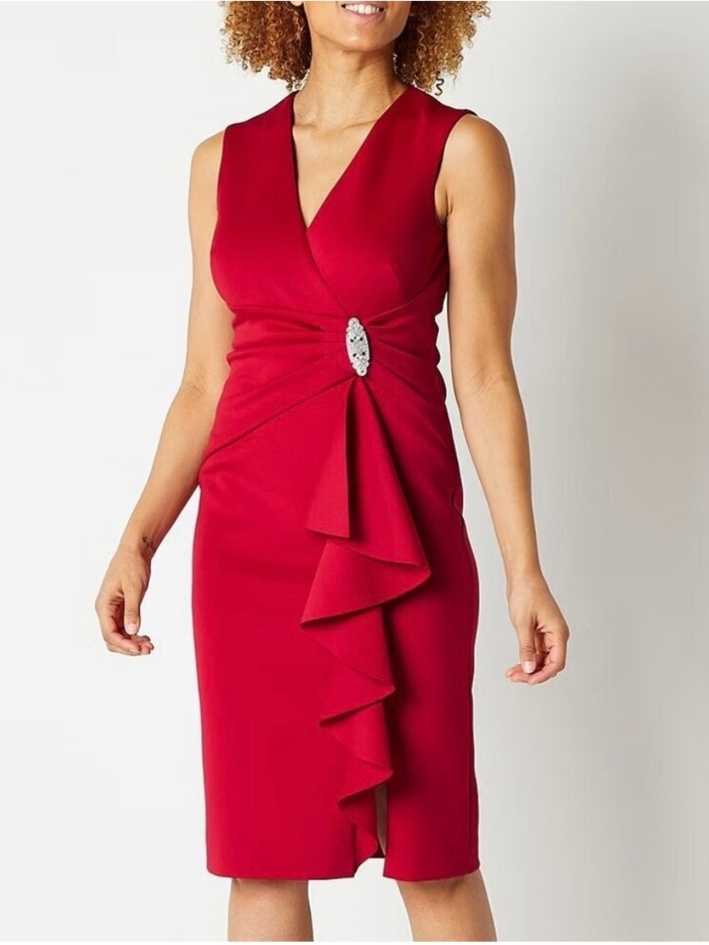 JH Red Sleeveless Midi Sheath Dress with Decorative Brooch